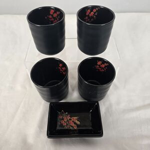 Visun Asian China Tea Set of 5 Black Red Cherry Blossom Ceramic 4 Cups 1 Tray